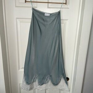 MARBLE Satin Blue Dress with White Lace Trim. Size Small.